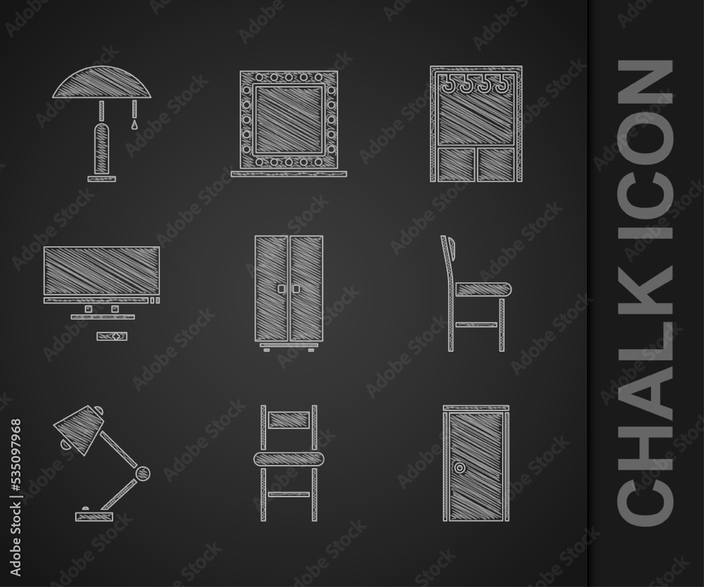 Set Wardrobe, Chair, Closed door, Table lamp, Smart Tv, and icon. Vector