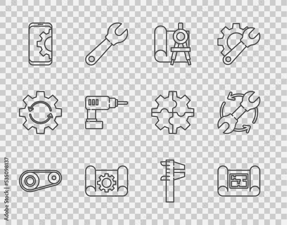 设置线正时皮带套件，房屋平面图，绘图纸和指南针，齿轮，智能手机设置，电子