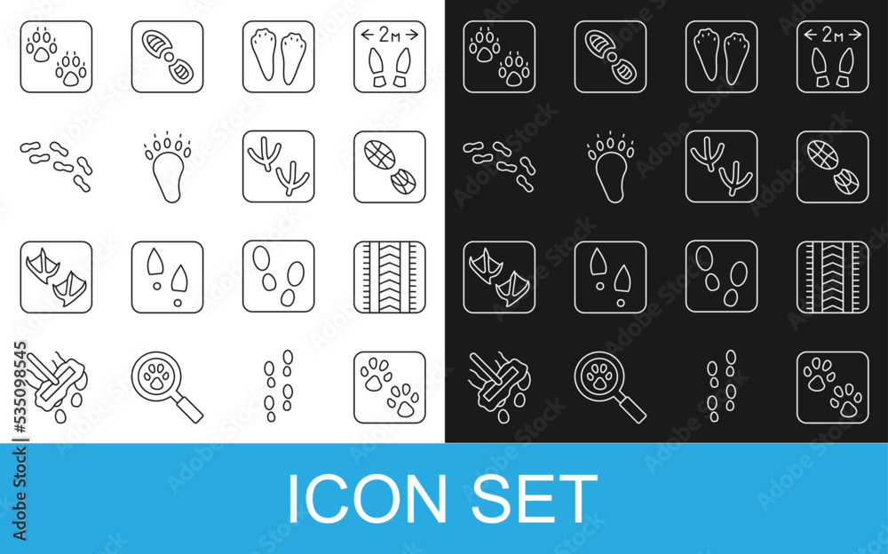 Set line Paw print, Tire track, Human footprints shoes, Rabbit and hare paw, Bear, and Dove icon. Ve