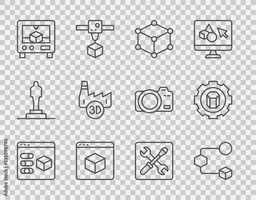 设置线3D打印机，等角立方体，印刷厂行业，设置和图标。矢量