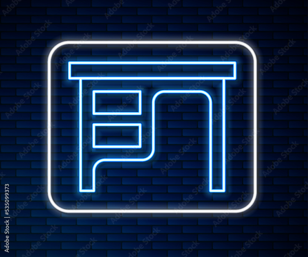 Glowing neon line Office desk icon isolated on brick wall background. Vector