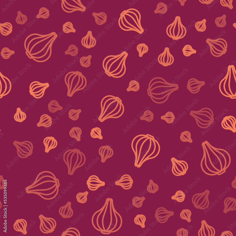 Brown line Garlic icon isolated seamless pattern on red background. Vector