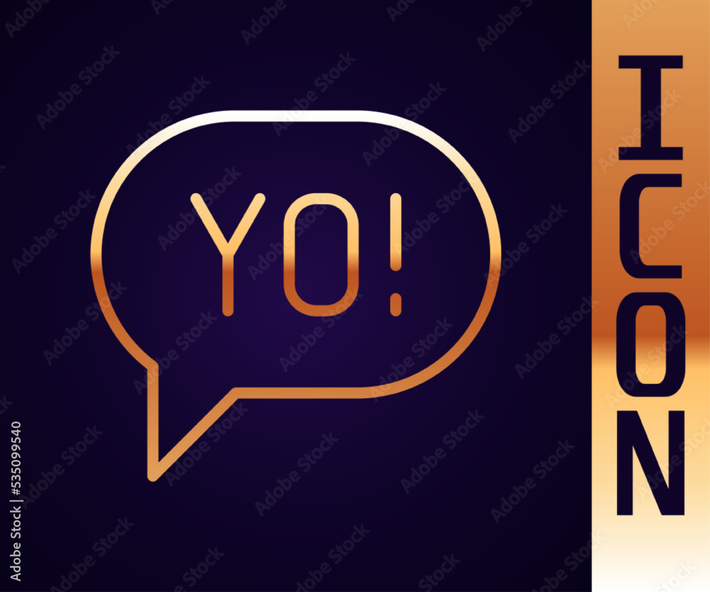 Gold line Yo slang lettering icon isolated on black background. Greeting words. Vector