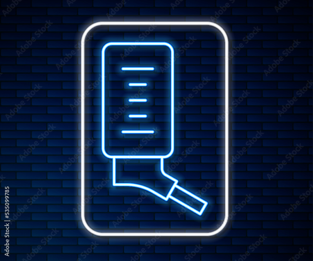 Glowing neon line Automatic drinker for small pets icon isolated on brick wall background. Vector