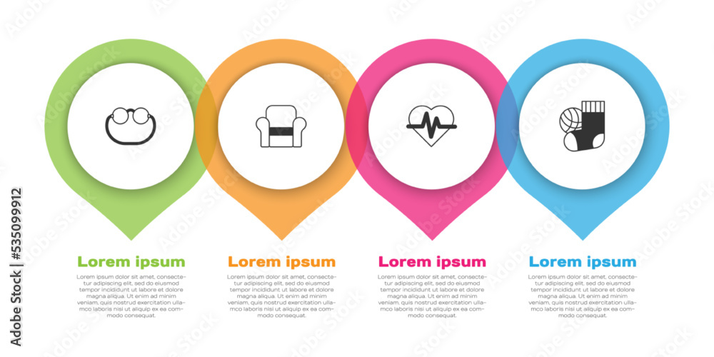 套装眼镜、扶手椅、心率和袜子。商业信息图模板。矢量