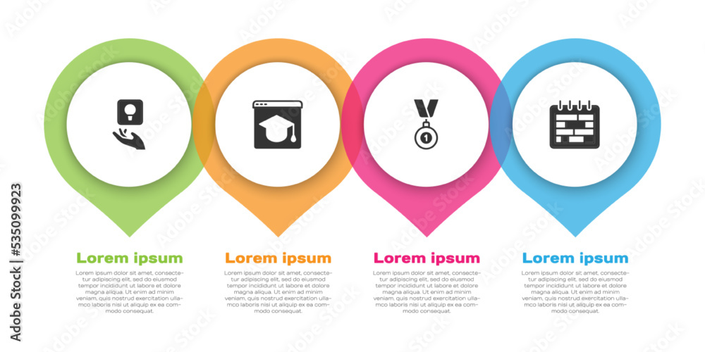 Set Light bulb, Online education, Medal and Calendar. Business infographic template. Vector