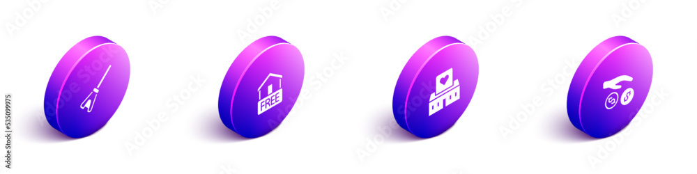 Set Isometric Mop, Free home delivery, Volunteer center and Donation and charity icon. Vector