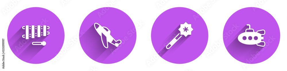 Set Xylophone, Toy plane, Magic wand and Submarine toy icon with long shadow. Vector