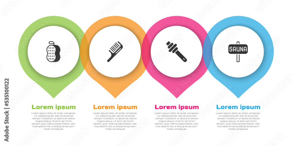 设置抹布、毛刷、蜂蜜勺棒和桑拿。商业信息图模板。矢量