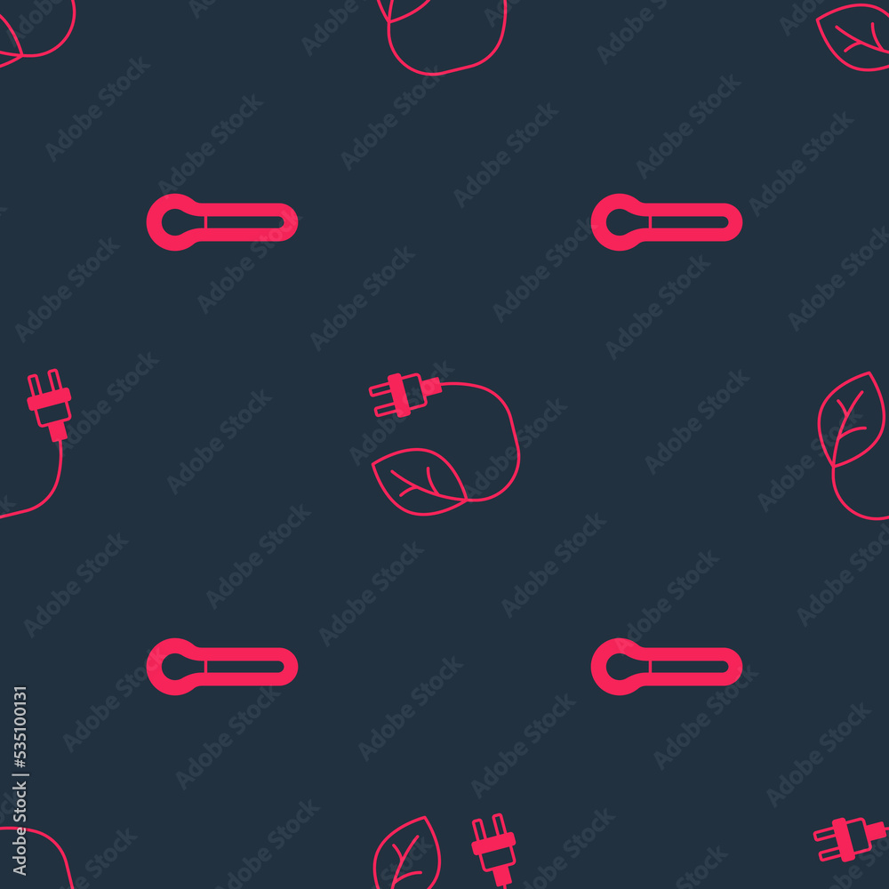 Set Thermometer and Electric saving plug in leaf on seamless pattern. Vector