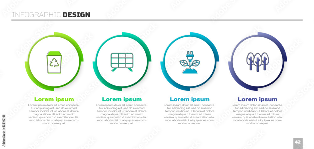 Set Recycle bin, Solar energy panel, Electric saving plug leaf and Tree. Business infographic templa