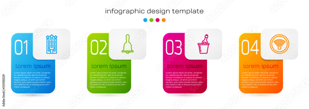酒店大楼、服务铃、香槟桶和无线网络。商业信息图