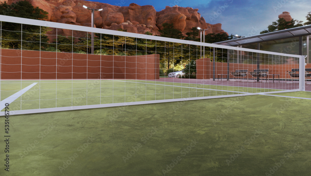 3-D render tennis court with a mountain landscape