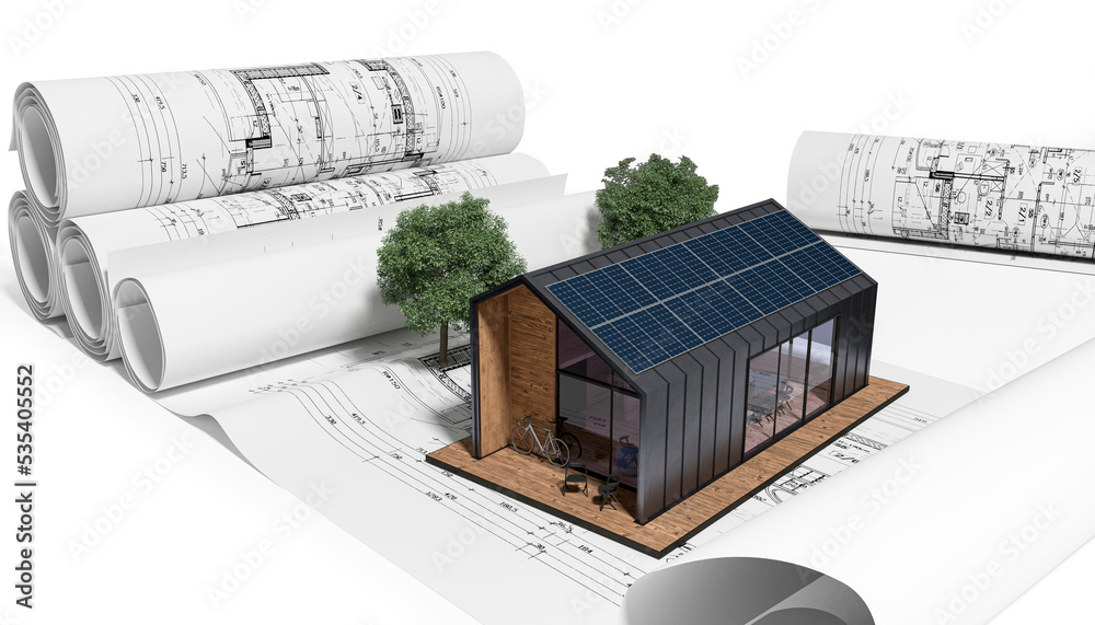 太阳能模块是一个现代的家庭-3D可视化