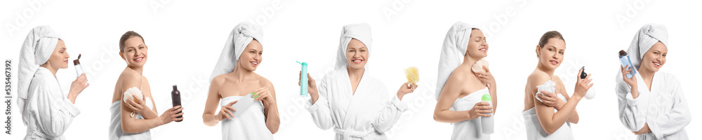 Collection of young woman with shower gels and bast wisps on white background