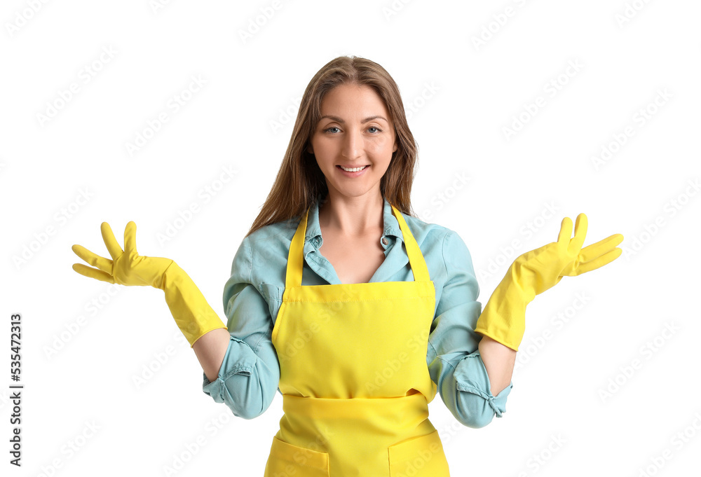 Young woman with rubber gloves on white background