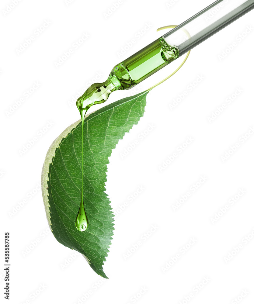 Cosmetic pipette with green leaf close-up isolated on a white background