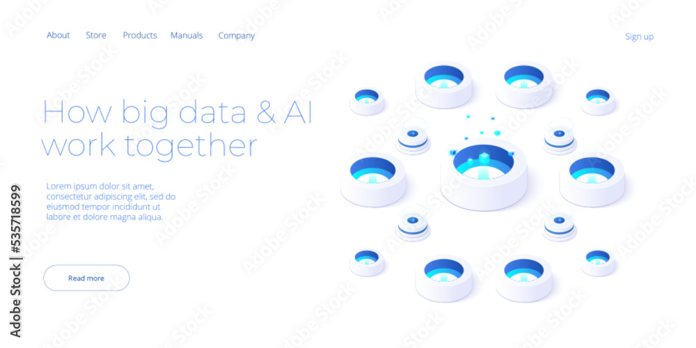 等轴测矢量图解中的大数据技术。信息存储和分析系统。数字