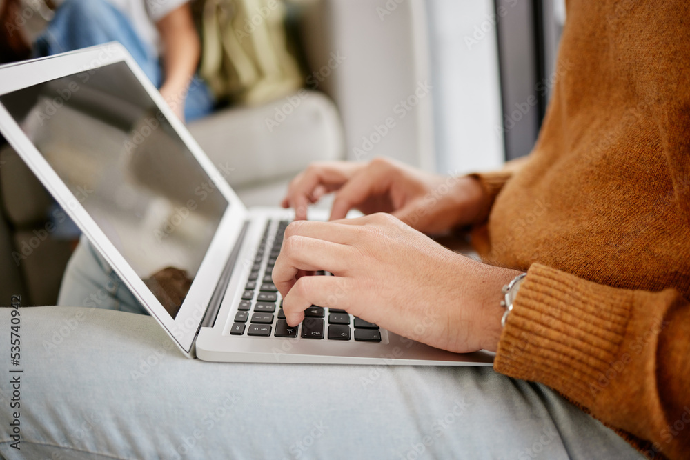 Education, mockup and laptop with hands of student typing for knowledge, internet and research. Univ