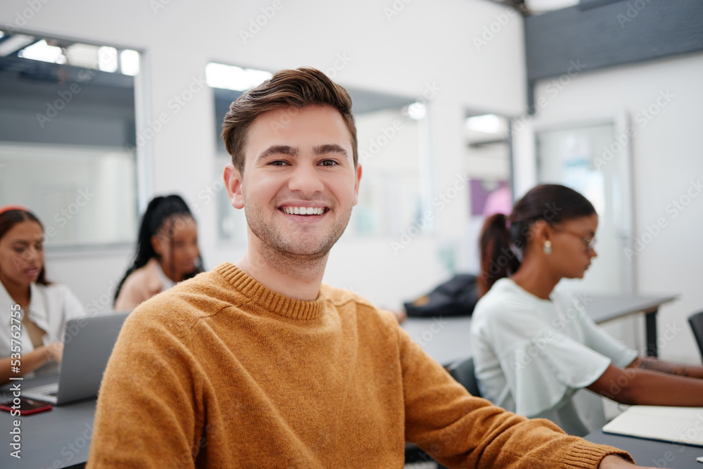 Lecture, learning and student in class portrait happy with university education, knowledge or schola