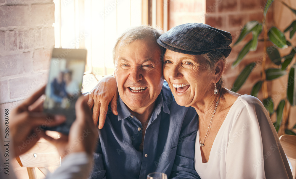 Hands, phone and photography of senior couple smile together for joy, happiness and relationship lov