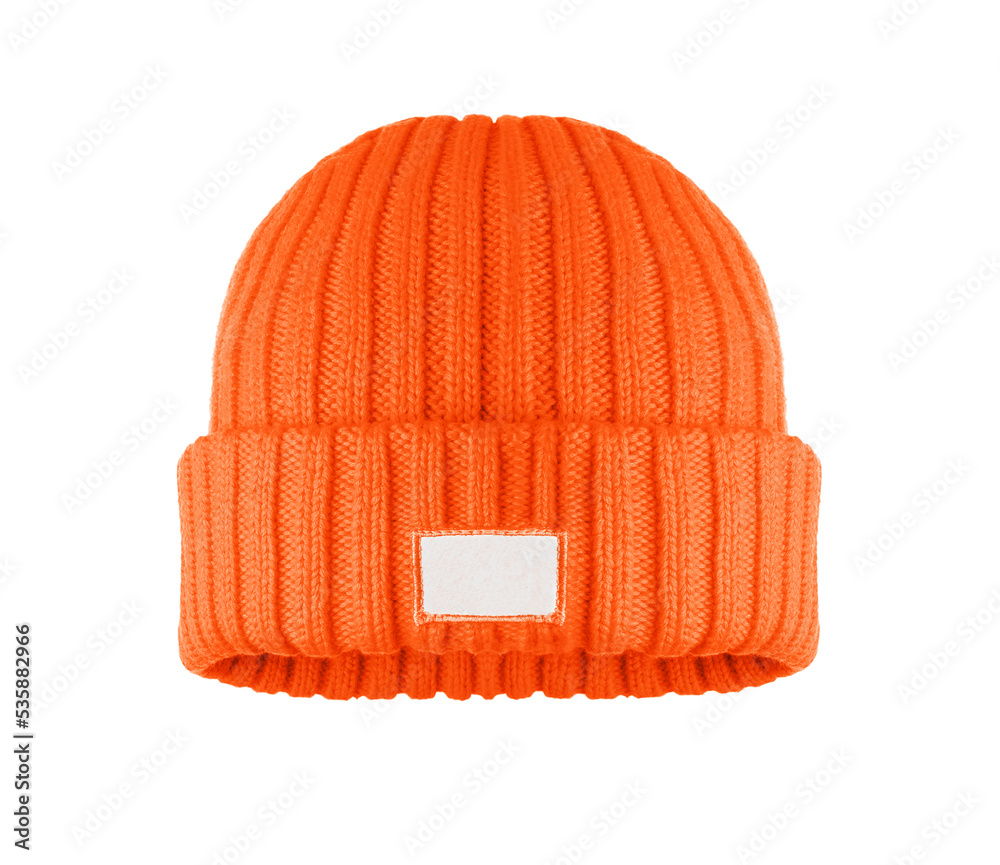 Cotton winter hat with label isolated on a white background