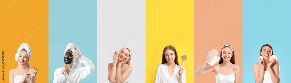 Set of pretty women after taking bath on colorful background