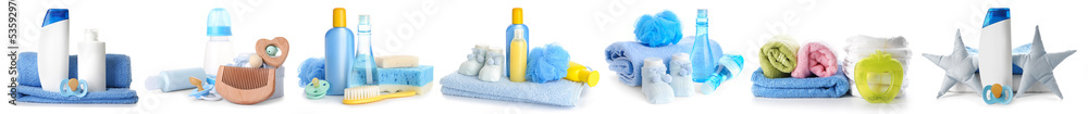 Set of baby supplies and bathing cosmetics on white background