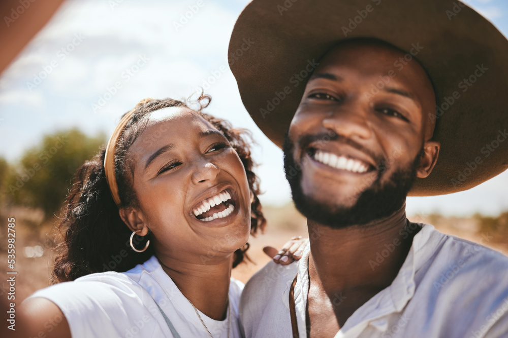 Couple, selfie and happy black people together in nature with a smile outdoor. Portrait of a girlfri