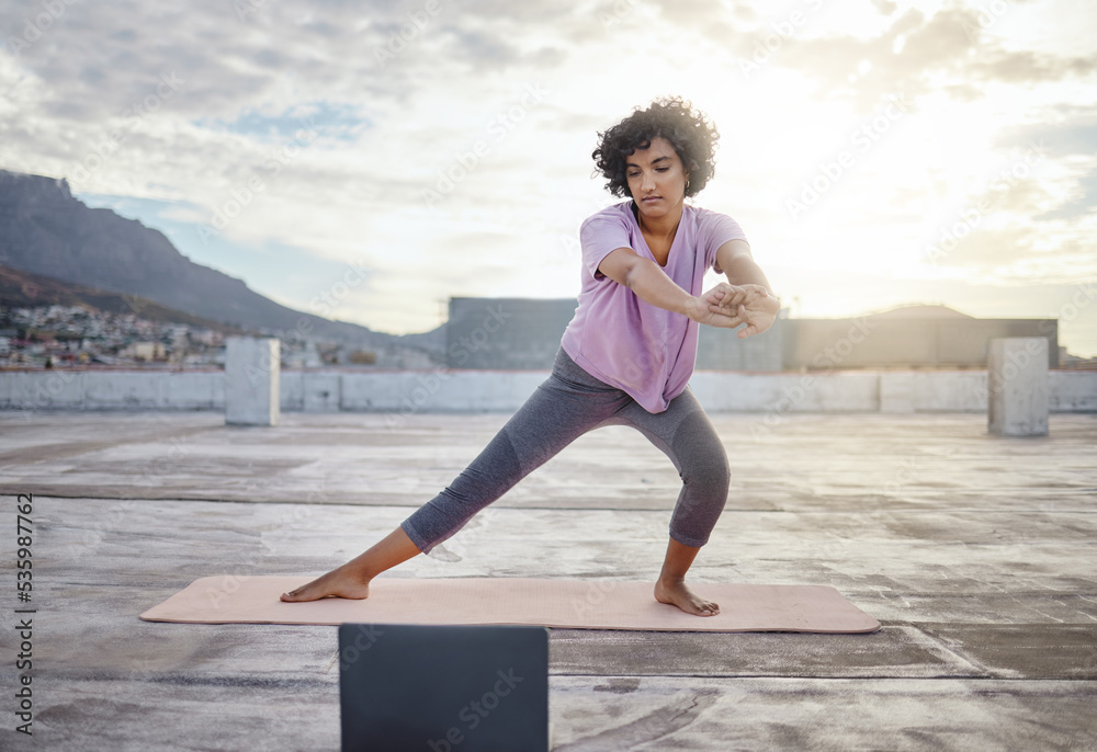 Yoga, stretching and woman on laptop on rooftop streaming training video, web yoga class or tutorial