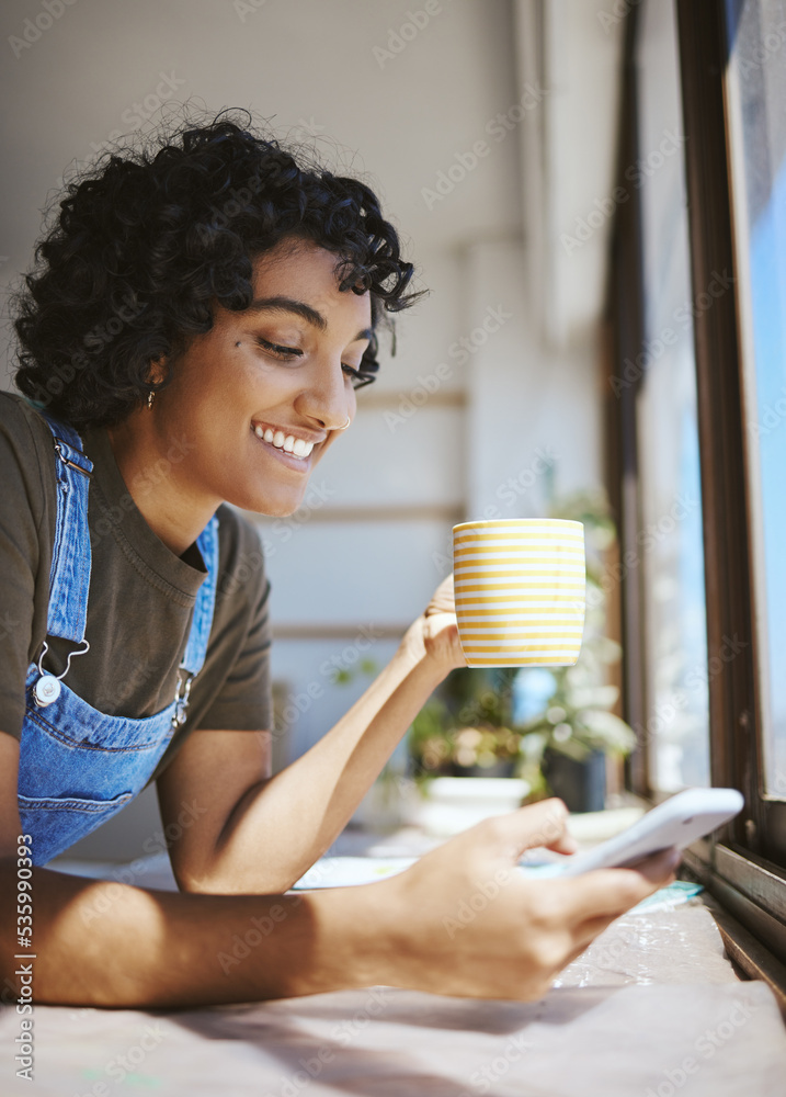 Coffee, social network and woman on smartphone happy with online chat app, reading email for creativ