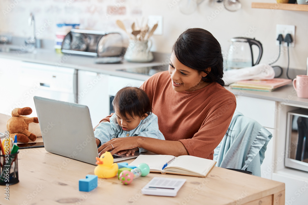 Baby, laptop and mother work from home in kitchen for financial, email or internet. Technology, life