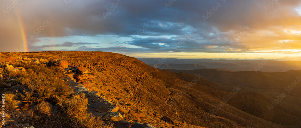 Dramatic sunset view from the edge of the Roggeberg Escarpment into the Tankwa Basin near Sutherland