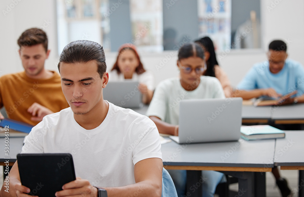 University, students and learning with laptop or tablet for digital notes in education auditorium. C