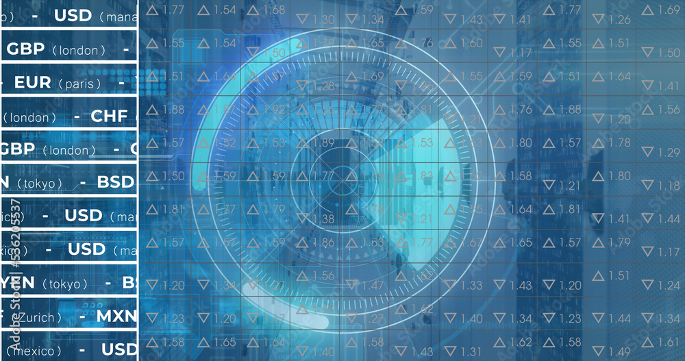 Image of stock market over scope scanning and server room