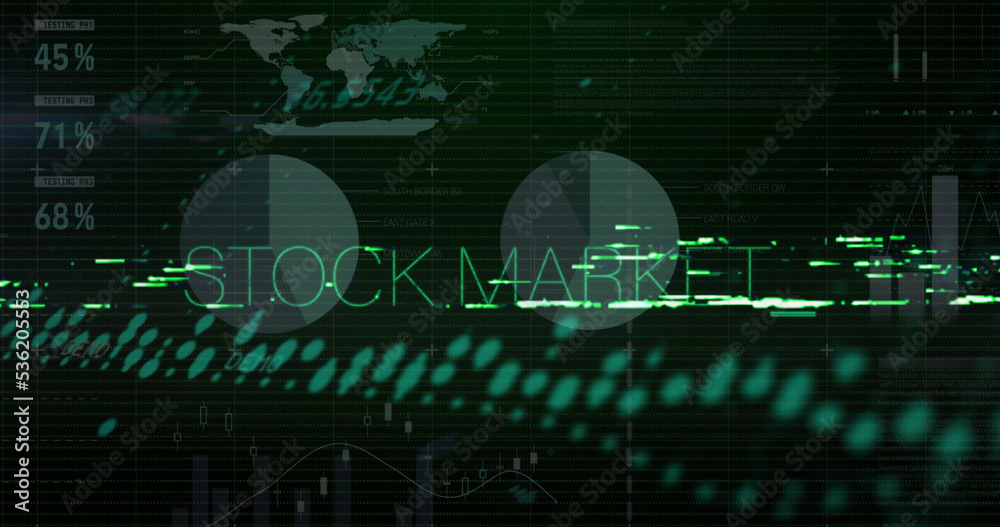 Image of stock market text over data processing