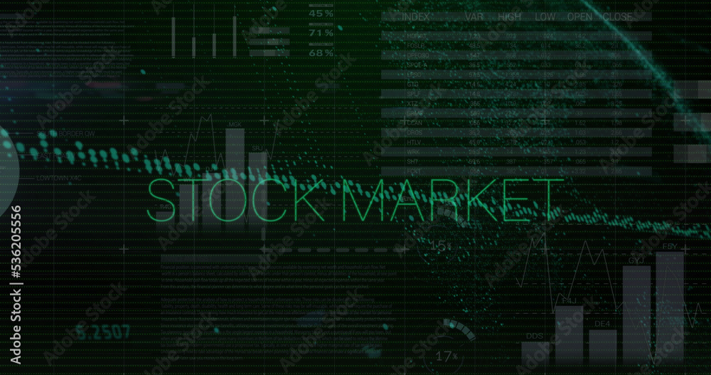 Image of stock market text over data processing