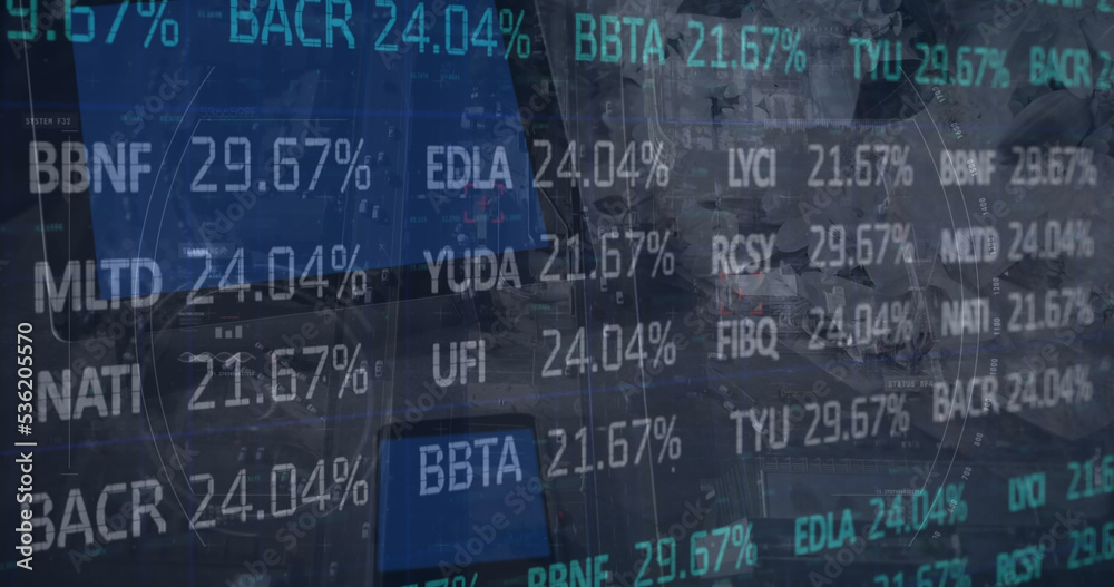 Image of stock market data processing against close up of a digital tablet and smartphone