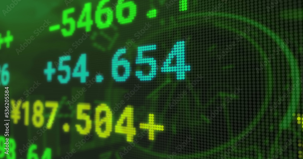 Image of stock market over clock on green background