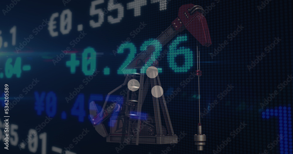 Image of stock market over pumpjack on black background