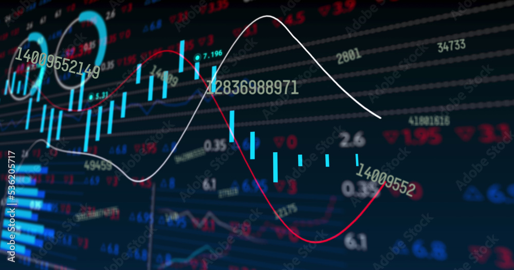 Image of multiple changing numbers over stock market data processing against black background