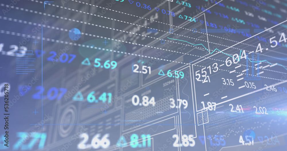 Image of stock market data processing over interface with data processing on grey background