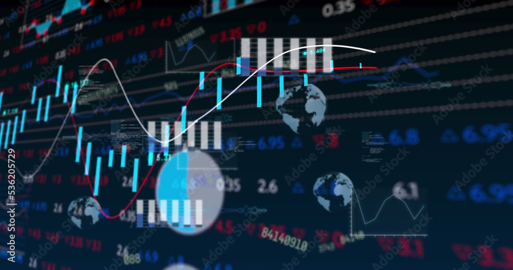 Image of multiple changing numbers over stock market data processing against black background