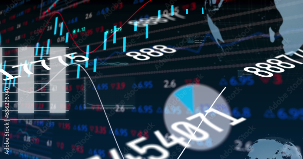 Image of multiple changing numbers over stock market data processing against black background