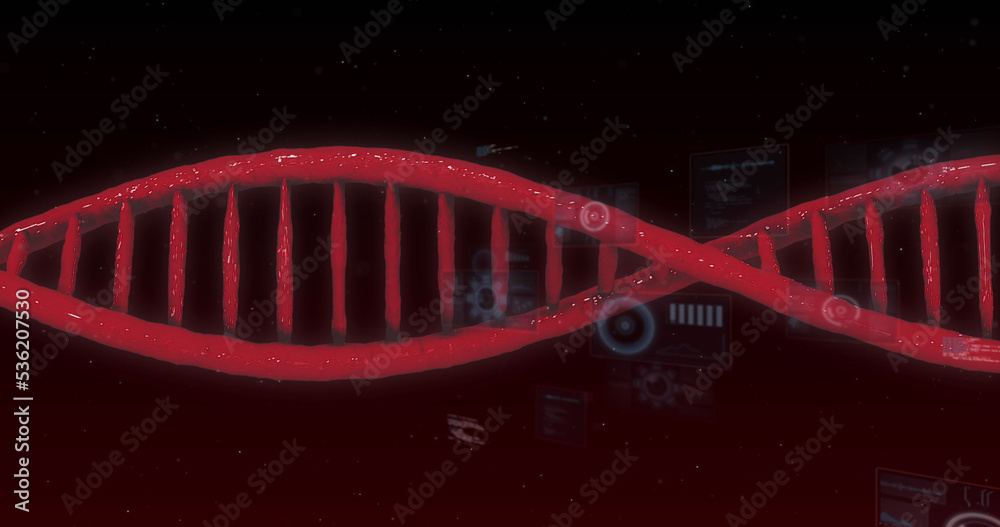 抽象背景下带有红色dna螺旋的信息图形界面屏幕插图