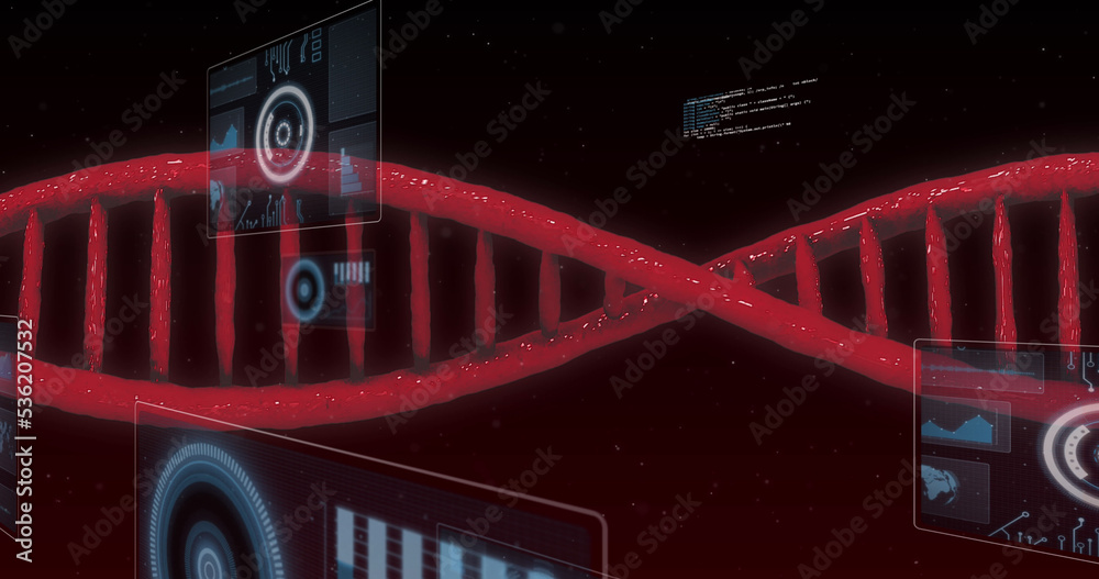 抽象背景下的信息图界面屏幕和红色dna螺旋图