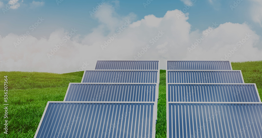 Image of stock market data processing over solar panels on grass against blue sky