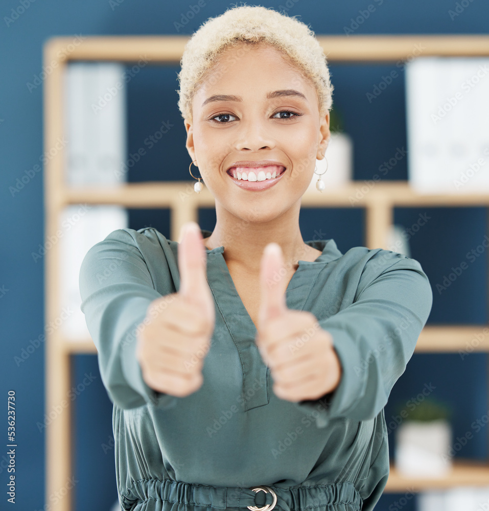 Thumbs up, success and work support hand sign worker in a office of a happy business woman. Portrait