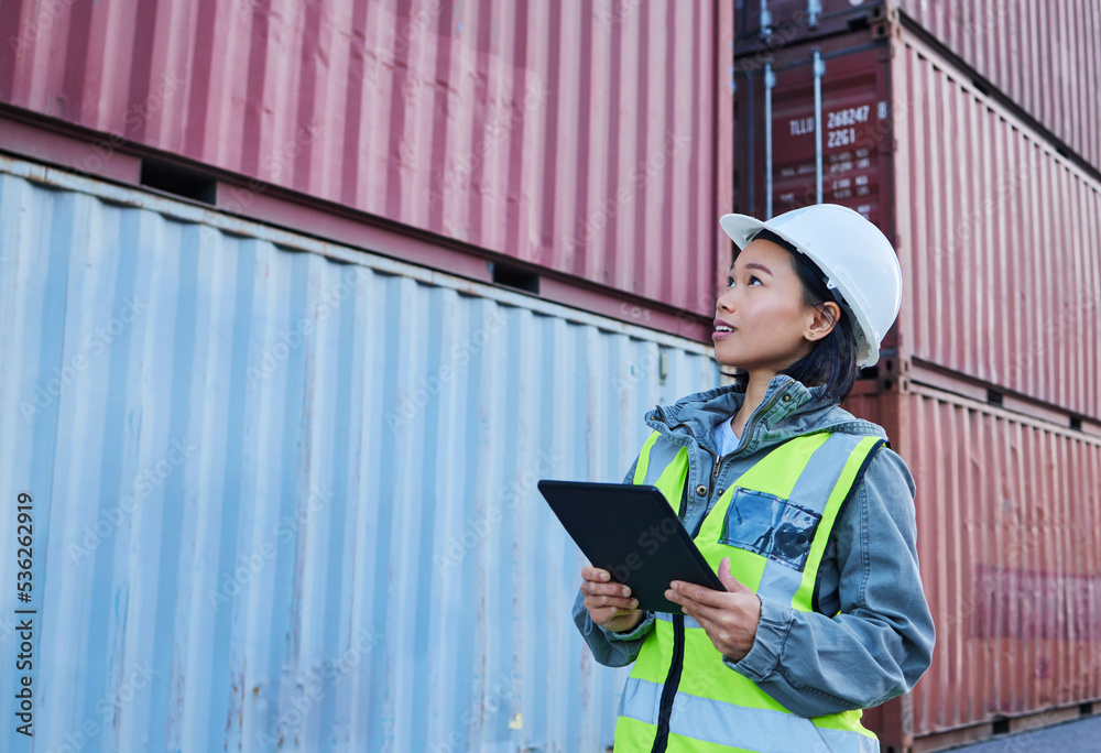 Delivery, logistics and woman on tablet for container inspection with stock, cargo or inventory chec