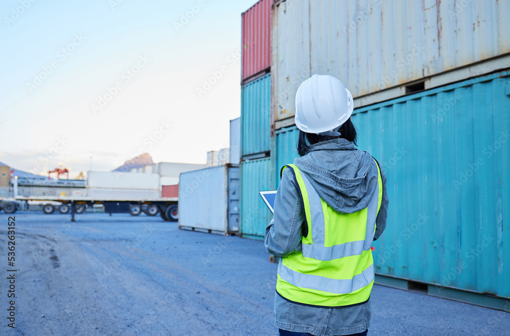 Back view, delivery and woman in logistics working on container inspection at export delivery supply